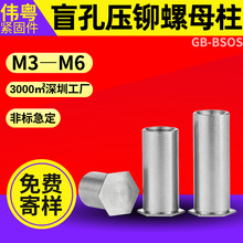 304不锈钢盲孔压铆螺柱 GB-BSOS铆柱六角平头铆接M2—M6