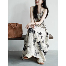 2025夏季文艺清新透气中式水墨抽象印花遮肉显瘦显白吊带连衣裙女