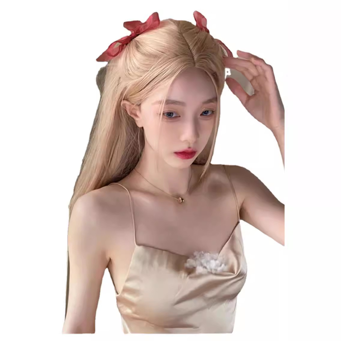 Xingcheng Peluca de mediana longitud femenina pelo largo femenino Grupo Rosa mismo estilo blanco dorado moda pelo largo recto cubierta de cabeza completa