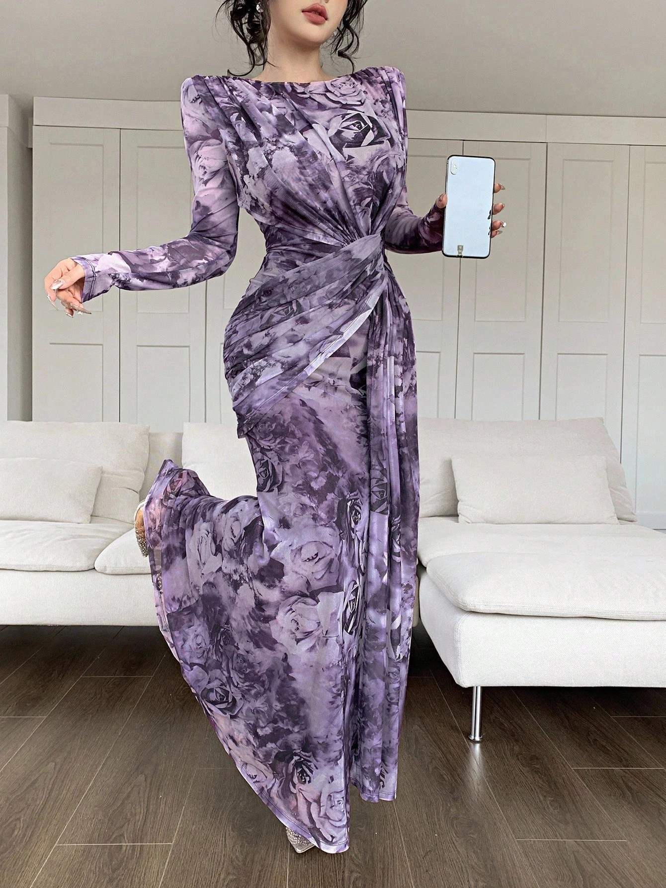 Summer Women's U Neck Long Sleeve Patchwork Slim Fit Printed Maxi Dress_ecoleips.com