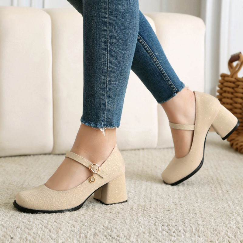 2024 single-layer shoes high heel runway flash model shoes 43 shoes plus size women 40 thick heel leather shoes fabric foreign trade catwalk shoes