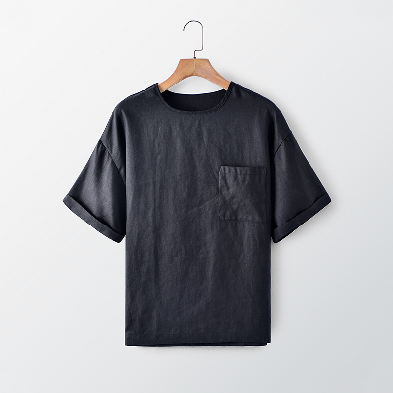 2024 nuevos hombres de lino cuello redondo Camiseta suelta Lino manga corta simple casual fresco verano Top F003