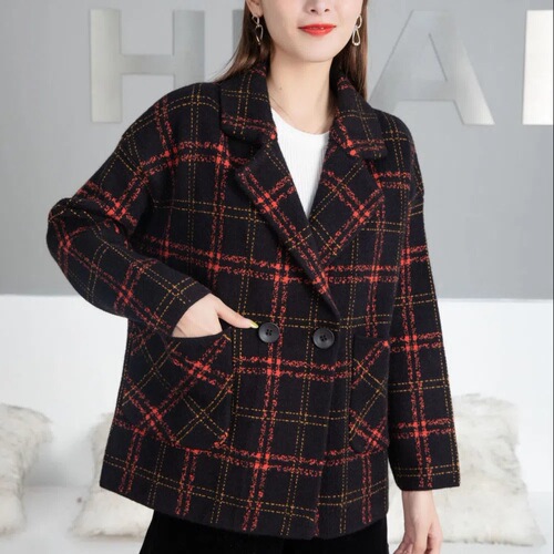 Short Plaid Wool Coat for Women - Autumn/Winter New Retro High-end Stylish Suit Coat with Double Faced Wool