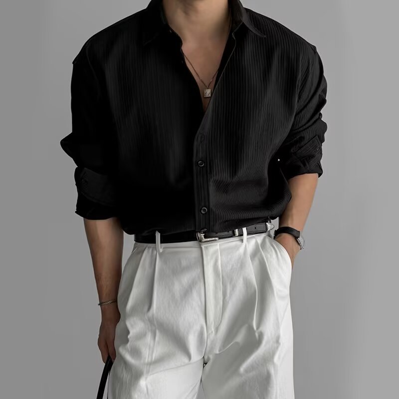 British Lapel Pit Strip Texture Long-sleeved Shirt Men's Casual Business Shirt Drape Light Ripe Style Versatile Top_viptrois.com
