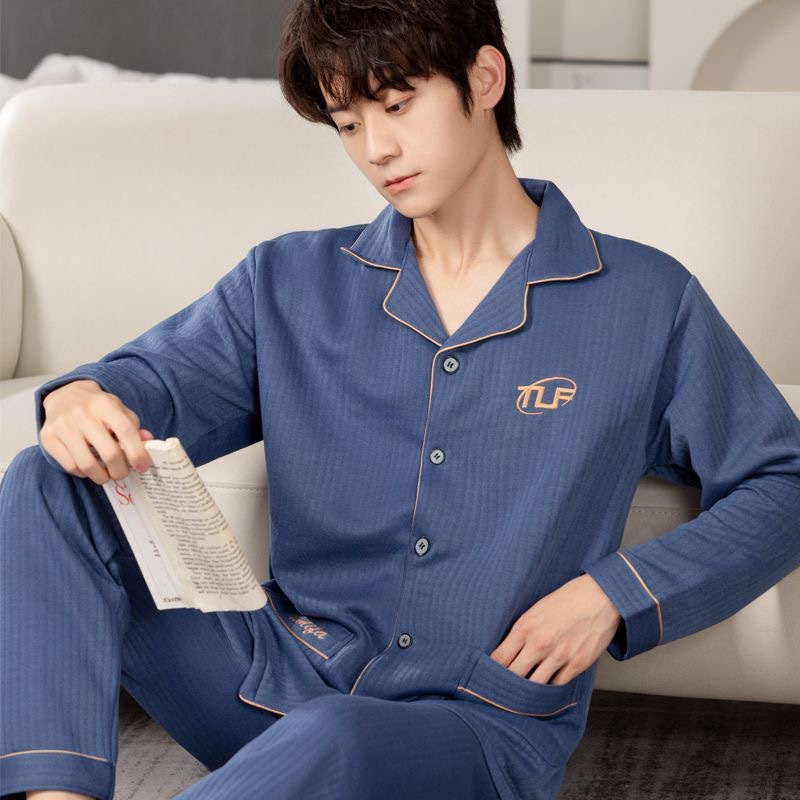 Pure Cotton Pajamas Men's Spring and Summer Thin Long-Sleeved Lapel Plus Size Home Clothes Men's Spring and Autumn Suits