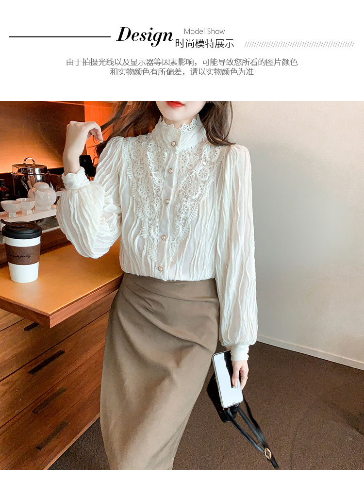 2022 Autumn/Winter new style fleece high-neck lace shirt chiffon shirt top, elegant base layer, fairy pic 6