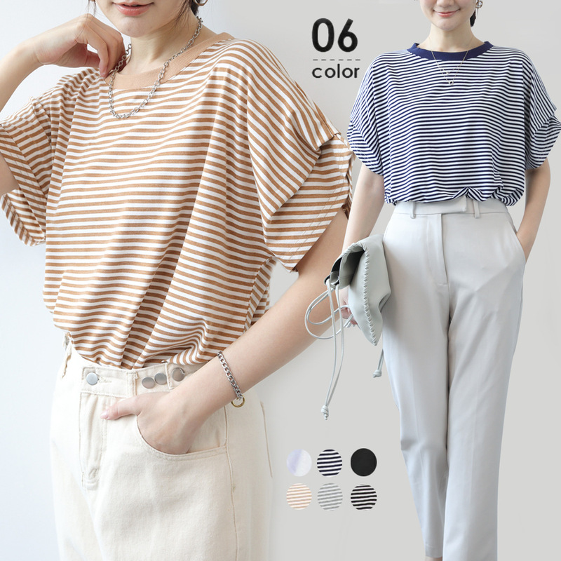 Our Store Real Shot Spot 2025 Rakuten Japanese Style Summer New Loose Round Neck Stripesd Bat Shirt Short-Sleeved T-Shirt for Women