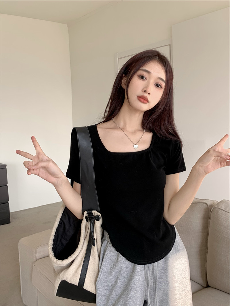 175g Weight Short Sleeve Sleeve Length Polyester Fabric Type Short Top Length T-shirt Tops Type Casual, Daily Occasion Square Neck Neckline Slim Fit Type Solid Color Pattern Summer, Spring, Autumn Season Women's Gender Casual, Simple Style Style Wholesale Women's Casual Simple Style Solid Color Short Sleeve T-Shirts 无