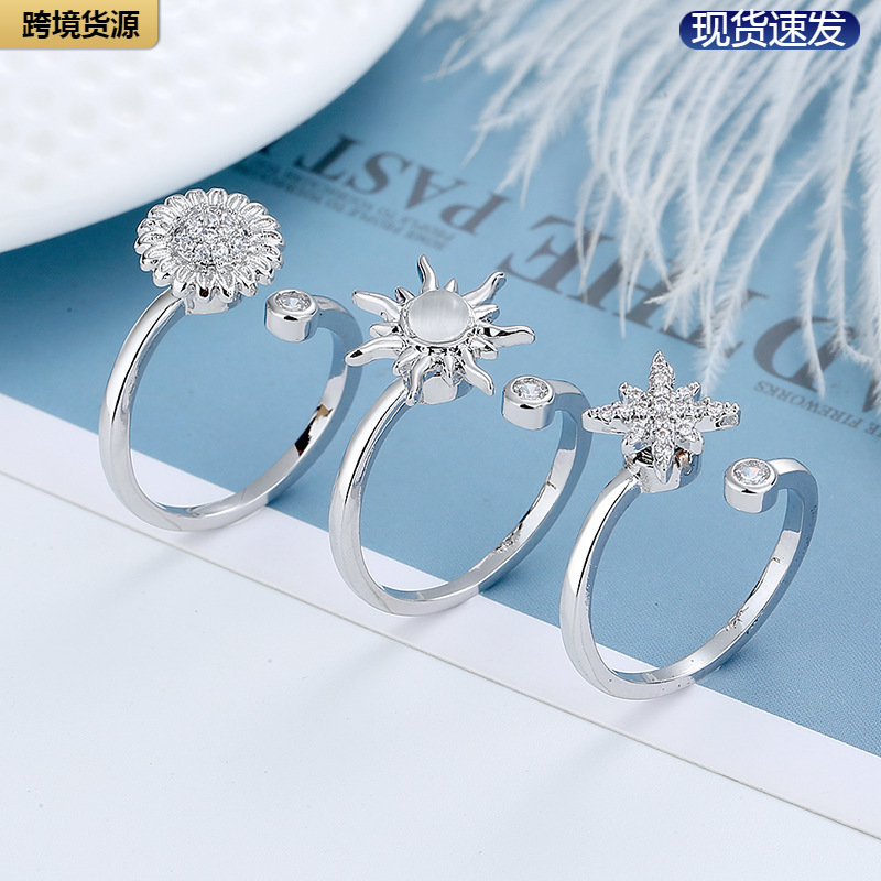 European and American Creative 3-Piece Set of Men's and Women's Rotating Rings, Rice-Shaped Flower Sun Zircon Decompression and Pressure-Resistant Adjustable Rings