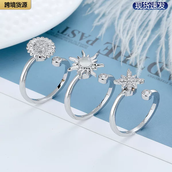 European and American Creative 3-Piece Set of Men's and Women's Rotating Rings, Rice-Shaped Flower Sun Zircon Decompression and Pressure-Resistant Adjustable Rings