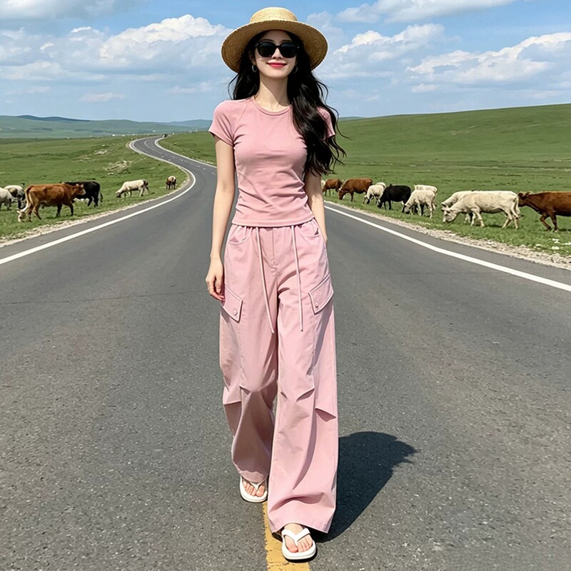 Korean Style Casual Sports Suit for Women, Summer Fashion, Simple Short-Sleeved Workwear, Wide-Leg Pants, Two-Piece Outfit for Outings Korean Style Casual Sports Suit for Women, Summer Fashion, Simple Short-Sleeved Workwear, Wide-Leg Pants, Two-Piece Outfit for Outings