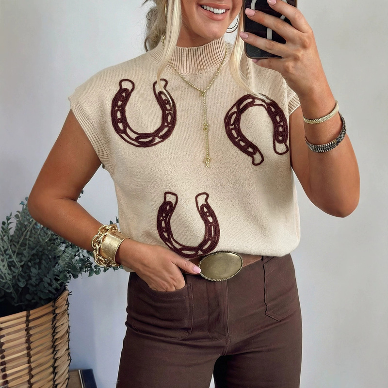 Shiying Foreign Trade Cross-Border New Western Pattern High-Neck Short-Sleeve Knit Shirt for Women, European and American Embroidered Loose Top for Women