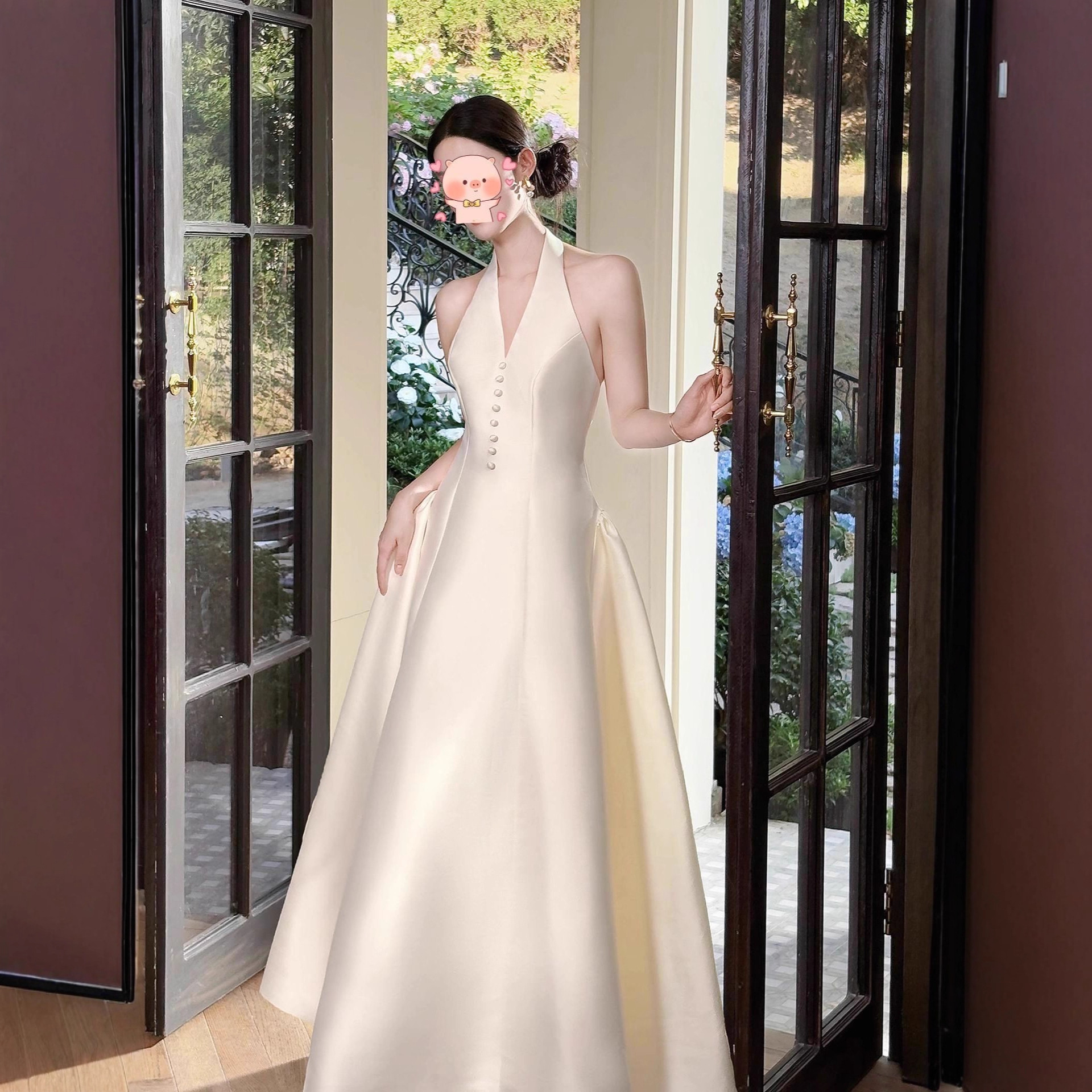 French-Style Retro Halter Neck Elegant Evening Dress New Engagement White Gown Light Wedding Dress Simple Elegant Waist-Cinching Banquet