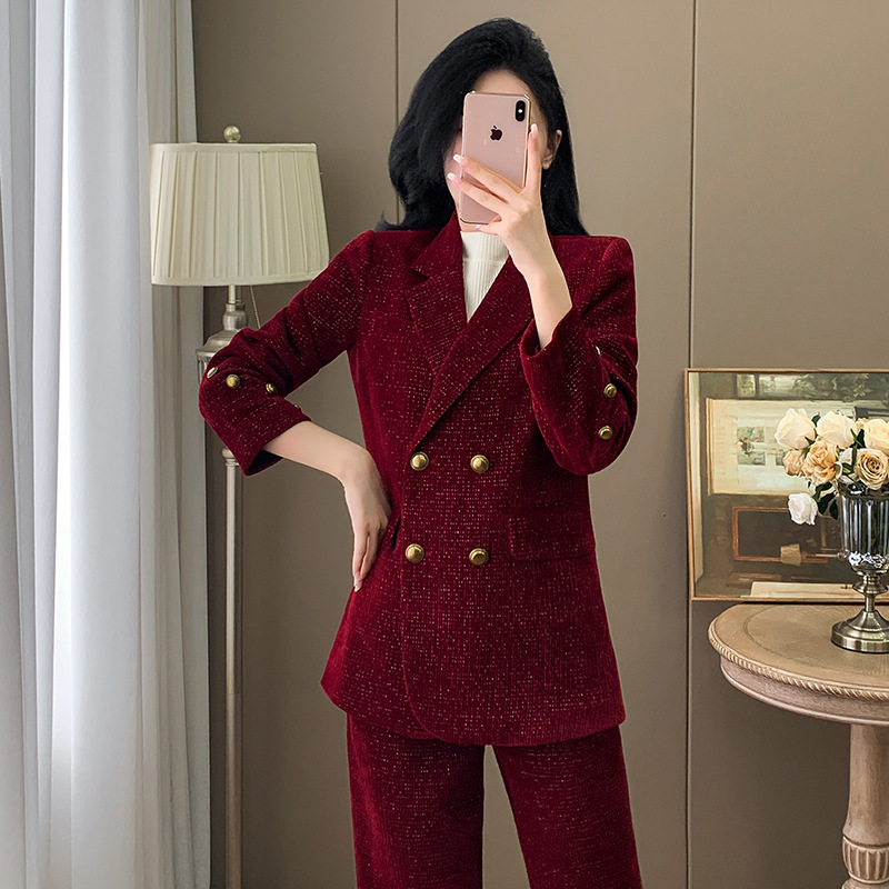 Cross-Border Corduroy Blazer for Women, Spring and Autumn Style, Korean Style, Stylish, Age-Reducing, Slim-Fit, Commuting, Petite Suit Set