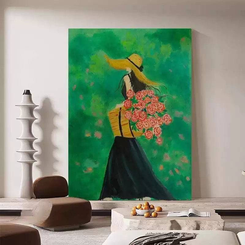Niche Artistic Floral Decorative Painting for Girls, Vintage-Style Living Room Floor-To-Ceiling Painting, High-End Green Figure Wall Art Niche Artistic Floral Decorative Painting for Girls, Vintage-Style Living Room Floor-To-Ceiling Painting, High-End Green Figure Wall Art