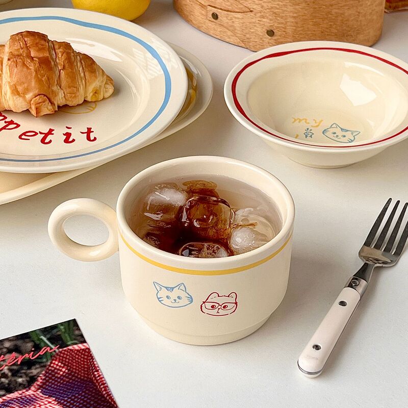 South Korea Ins Cute Cat Vintage Contrast Color Line Ceramic Tableware suit Mug Rice Bowl Plate Oval Plate