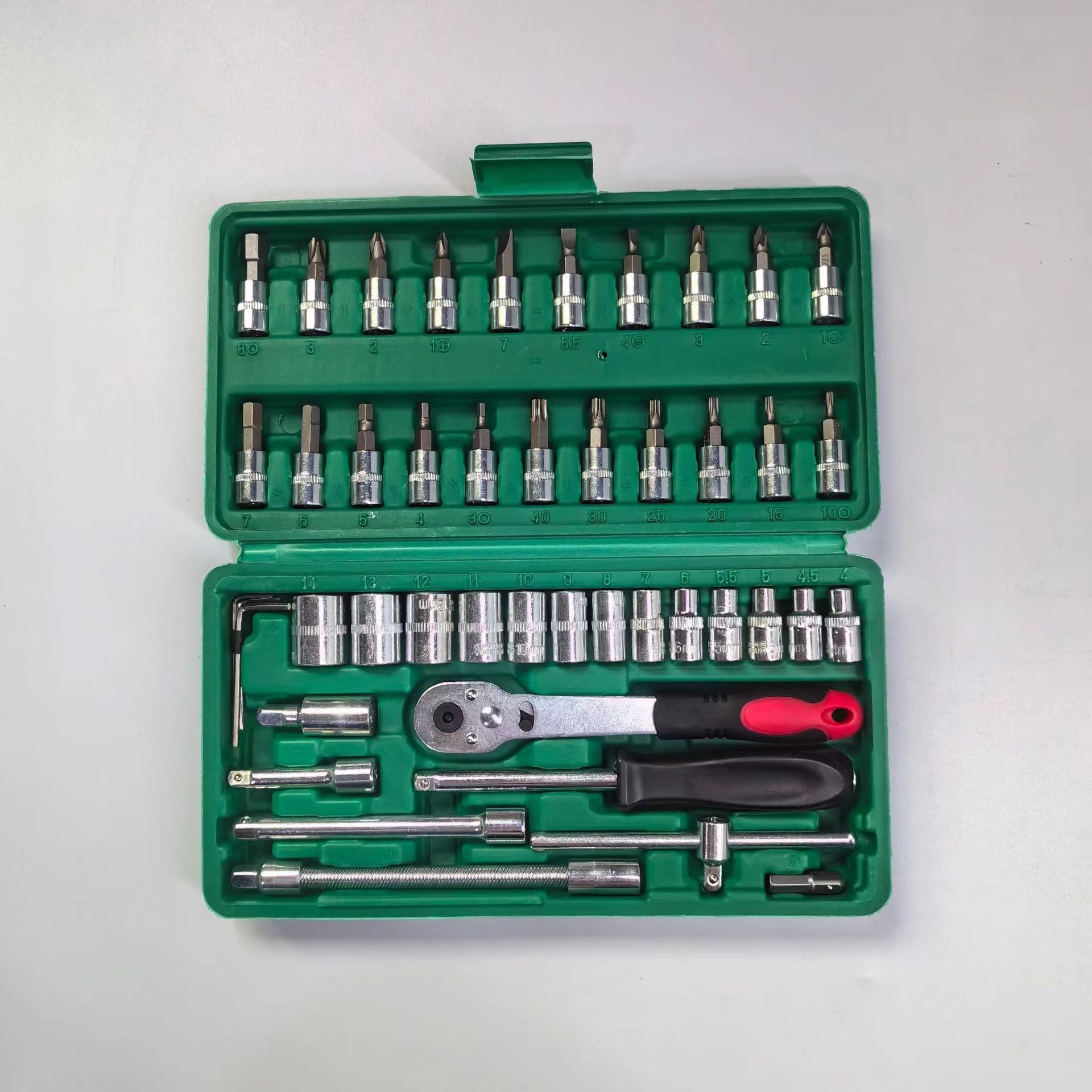 Juego de 46 piezas de nuevo manguito de llave, combinación de cabezal de tubo, juego de llave de trinquete rápido pequeño, caja de herramientas de reparación doméstica