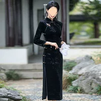 Новое весеннее бархатное платье Cheongsam с длинными рукавами для мамы в стиле ретро, улучшенное платье в китайском стиле, повседневное черное для похудения