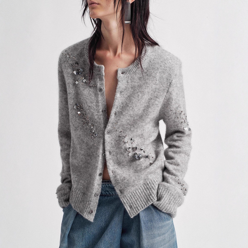 Handmade Beaded Sequin Gray Wool Knitted Cardigan for Women Autum Lazy Style Round Neck Sweater Shoulder Pad Jacket