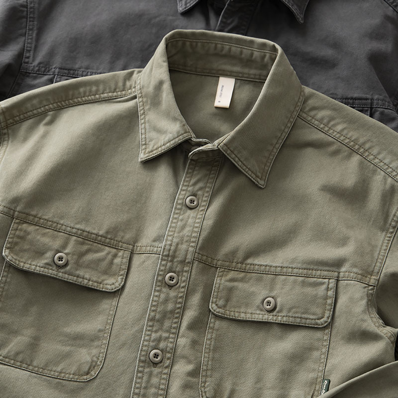 Heavyweight Pure Cotton Vintage Work Shirt for Men, Multi-Pocket, Thickened American-Style Khaki, Drop Shoulder, Loose Shirt Jacket for Men