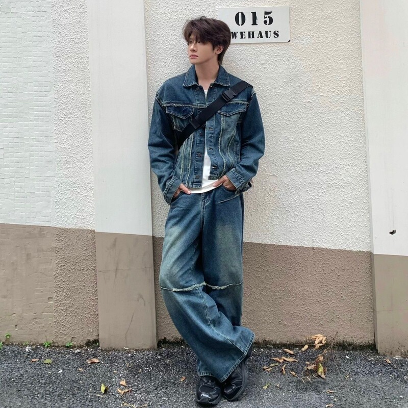 American Retro Deconstructed Denim Jacket Set Two-Piece Versatile Whiskered Short Wide-Leg Floor-Length Pants for Men