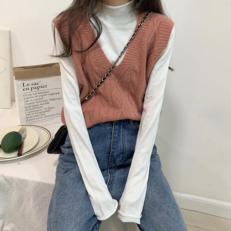 Personalizada primavera y otoño coreana gruesa camiseta de punto de cuello en V chaleco de torsión de mujer con hombros sueltos sin mangas