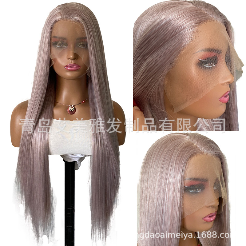 Cross-border wig women's front lace gray pink long straight hair synthetic fiber high temperature silk COS full head cover factory in stock
