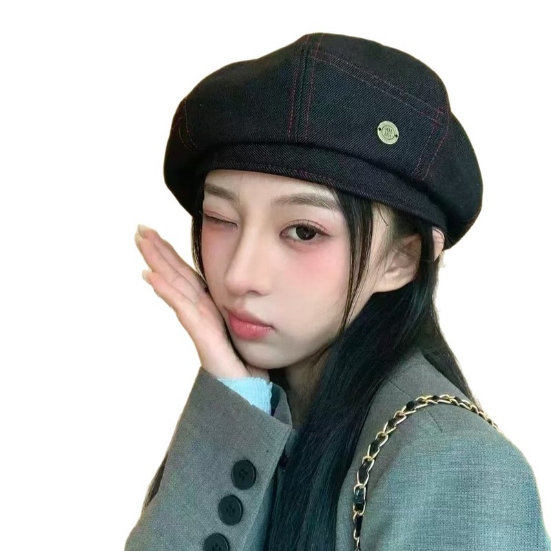 韩版时尚金属标牛仔贝雷帽子女春夏复古画家南瓜帽显脸小八角帽子|undefined