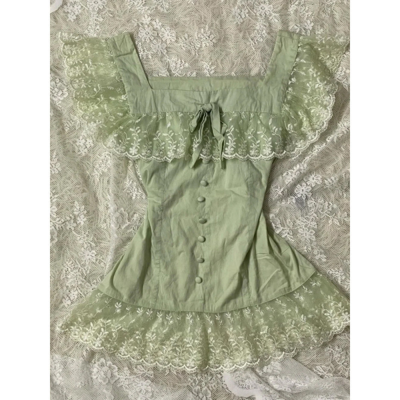 Summer New Style Forest Atmosphere Sweet Style Two-Piece Set Vintage Style Lace Square Collar Top