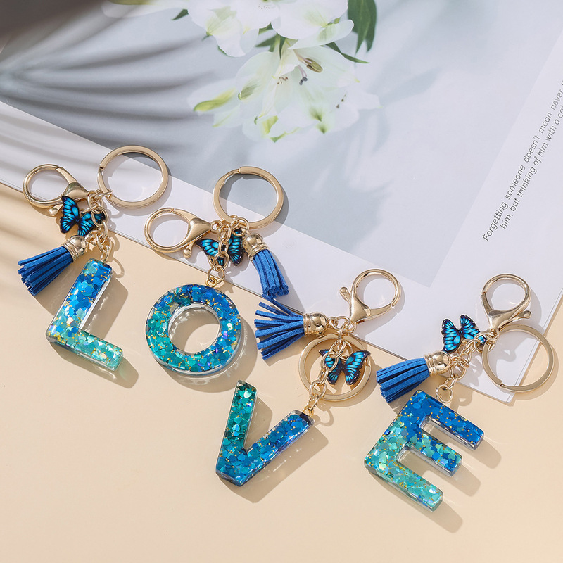 Letter Keychain with Butterfly Tassel Sweet Pendant Couple Confession Gift DIY Bag Key Decoration
