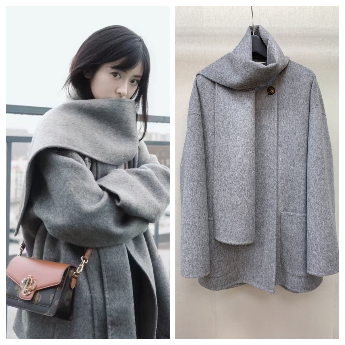 Small gray camel velvet new wool one-handed long mid-length scarf coat double-sided wool tweed coat for women