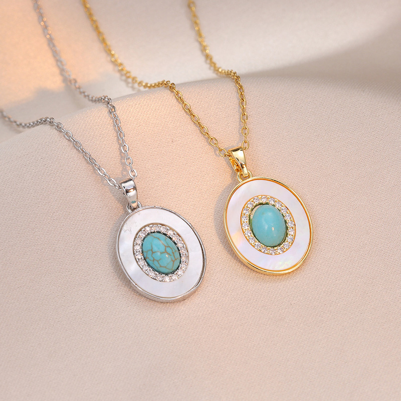 Necklace for Women European and American Ins Simple Geometric Cross-Border Turquoise Oval Zircon Pendant Necklace Elegant Clavicle Chain