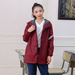 Autumn and Winter Outdoor Jackets for Primary and Secondary School Students, Mid-Length Class Uniforms, Two-Piece Set, Removable Three-In-One Ski Suits