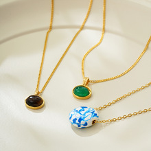 欧美跨境中国风项链青花瓷珐琅新中式宝石水波纹烧蓝陶瓷锁骨链