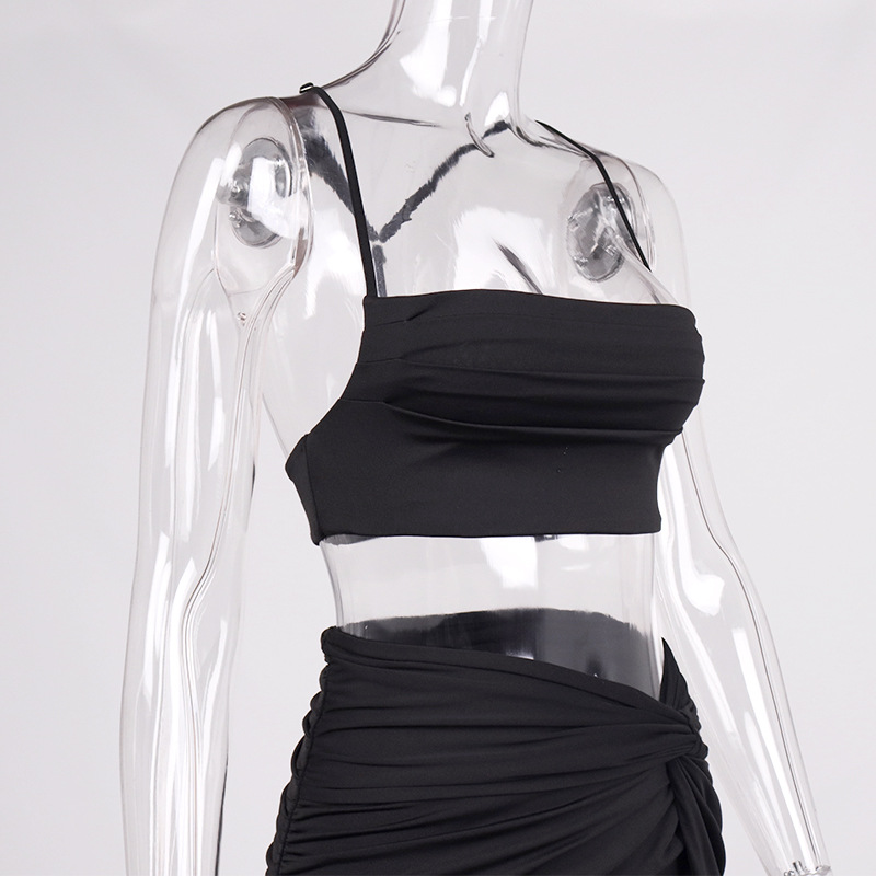 Summer Women Pleated Crop Top Spaghetti Strap High Slit Long Skirt Two Piece Set for Women