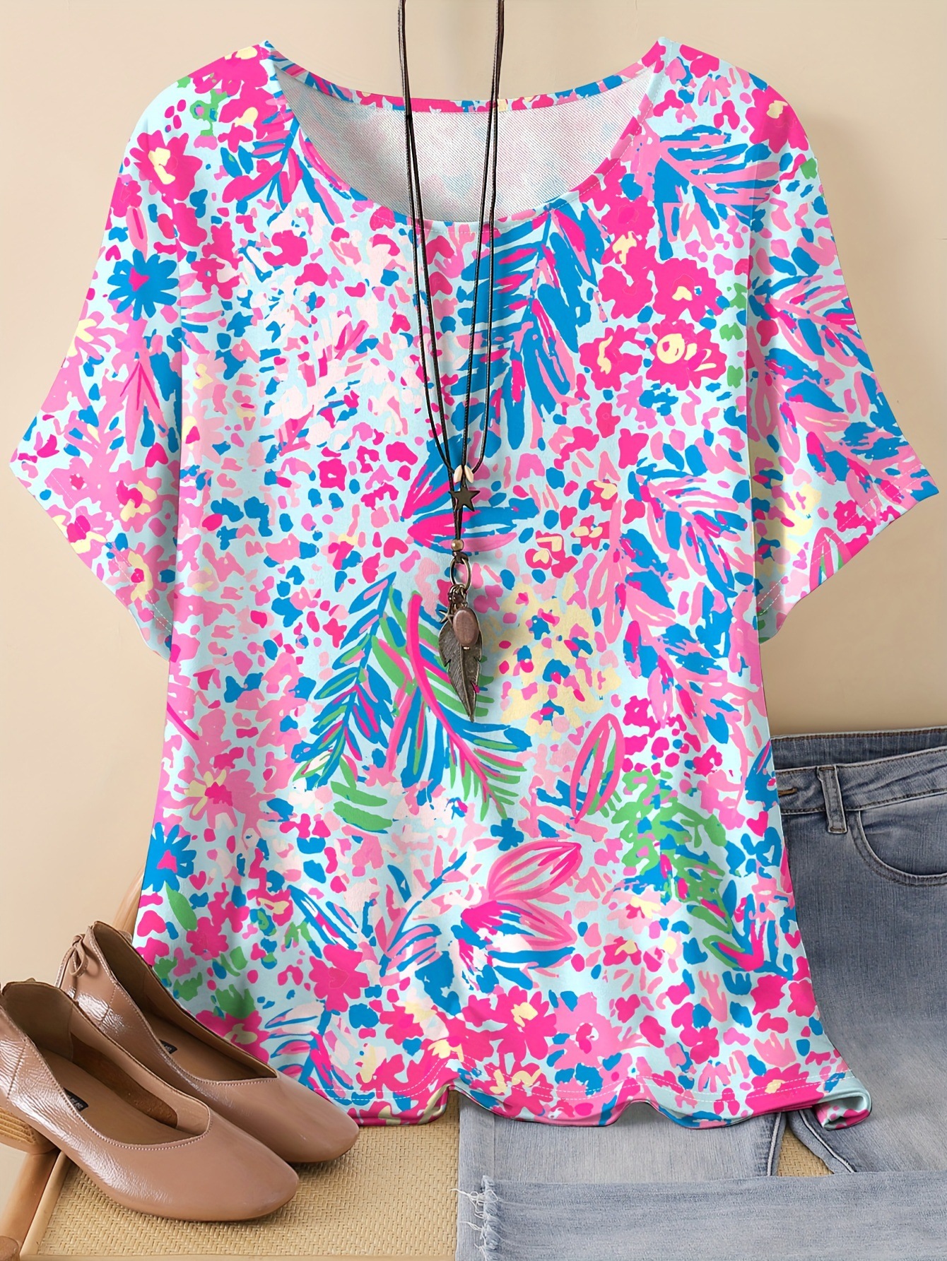 Floral & Crow Print Oversized T-Shirt – Soft Milk Silk Blend Short Sleeve Tee Unisex Oversized Cut_ecoleips.com