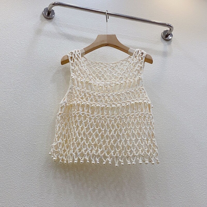 Mesh Pure Handmade Crochet Hollow Short Beaded Knitted Camisole Women's Summer New Outfit Sleeveless Top