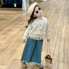 2024春季新款女童闊腿毛邊牛仔褲韓版洋氣女寶寶洋氣中小童長褲