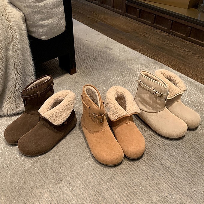 真皮雪地靴女绒皮羊羔毛鞋口下翻女新款秋冬季加厚短靴加绒棉鞋子