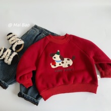 麦宝儿童加绒卫衣2025冬季新款男女童可爱红色套头衫百搭宝宝冬装
