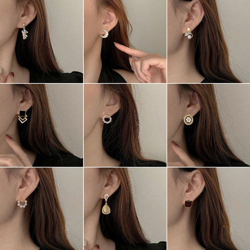 Triangle clip-on ear earrings without pierced holes, high-end butterfly pearl women's earrings, French retro minimalist floral ear accessories, wholesale