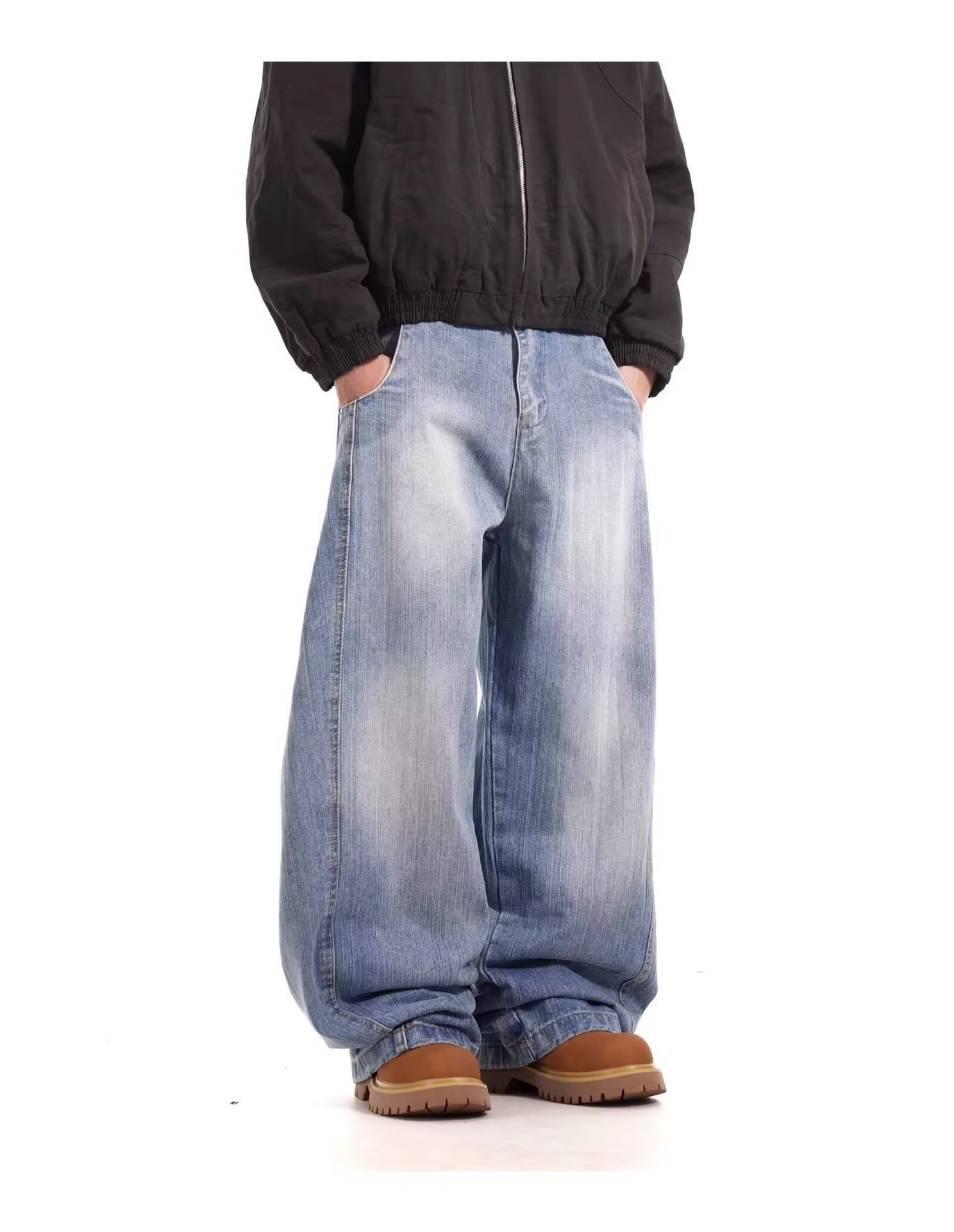 Unisex American Retro Washed Deconstructed Curved Jeans Loose Fitting Relaxed Style Wide Leg Slimming Casual Jeans_mkmklike.com