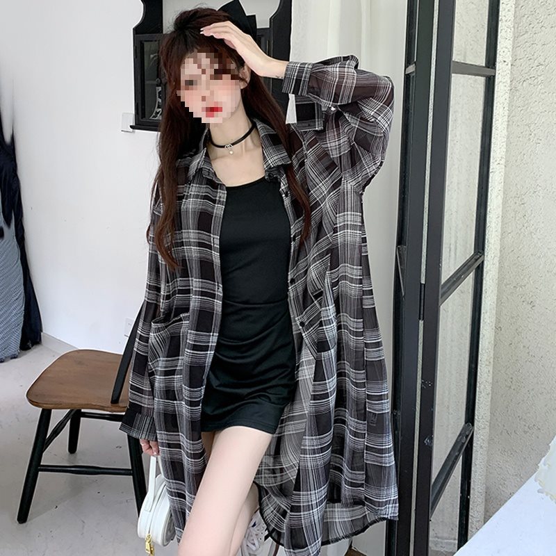 中长款格子衬衫外套女夏薄纱冰丝开衫衬衣外搭春装遮屁股上衣
