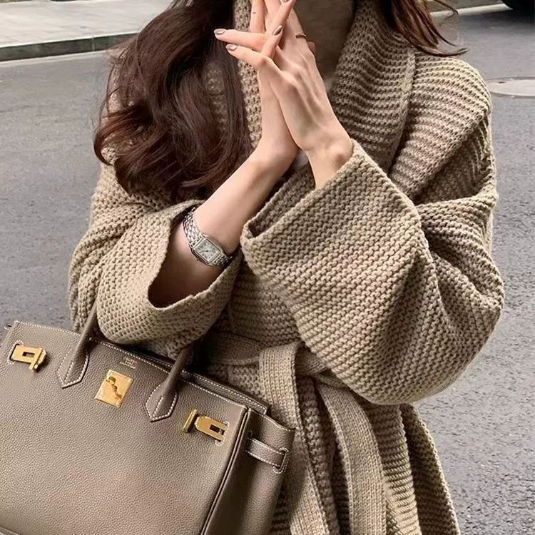 Новый вязаный кардиган для женщин осень-зима 2025, высококачественный свободный пояс, стиль халата на шнуровке, уютный свитер-жакет, плотный