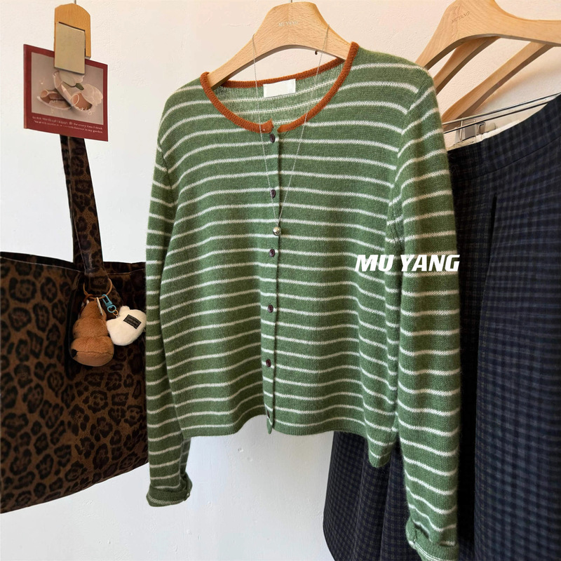 American Retro Color Matching Collar Soft Striped Cardigan Casual Round Neck Long Sleeve Sweater Coat Women's Autumn and Winter Top Trendy
