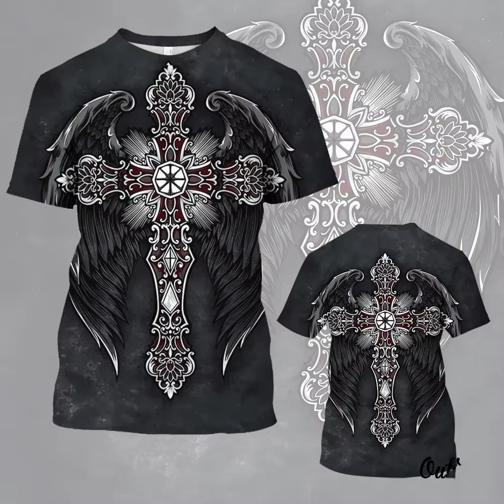 Salvator Cross Warrior 3D Print Spot Camiseta transpirable de hombro de manga corta con cuello redondo suelto casual para hombre