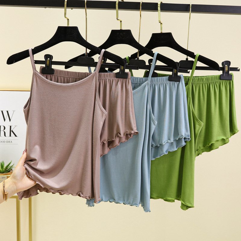 Modal Round-Neck Camisole with Ruffled Shorts Loungewear Set, Summer Thin Style with Ruffled Edges, Loose Casual Sleepwear Modal Round-Neck Camisole with Ruffled Shorts Loungewear Set, Summer Thin Style with Ruffled Edges, Loose Casual Sleepwear