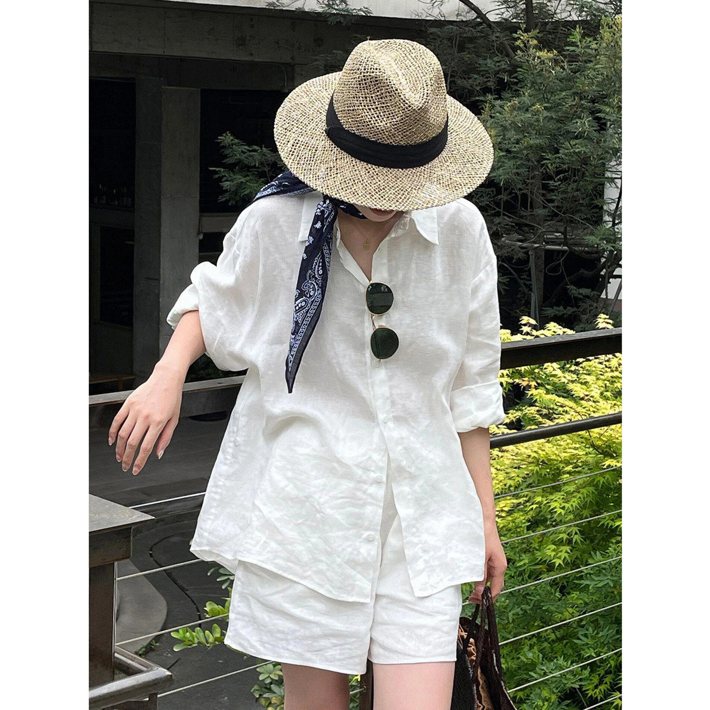 White Sun-Protective Shirt with Elastic Waist Shorts, Summer Thin Style, Old Money Style Outfit, Linen Women's Cotton-Linen Set