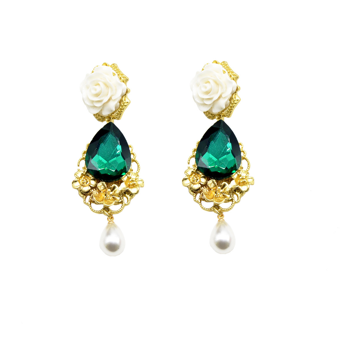 Baroque Retro Emerald Earrings White Porcelain Flower Pearl Pendant Long Earrings display picture 5