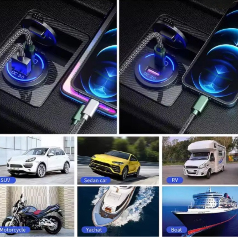 Car modification dual USB mobile phone car charger PD+QC digital display voltage button switch fast charging waterproof car charger